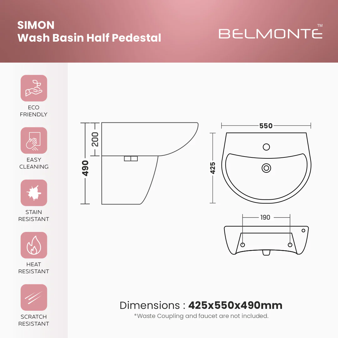 Ceramic Wash Basin Half Pedestal Set (Simon) - Image 5