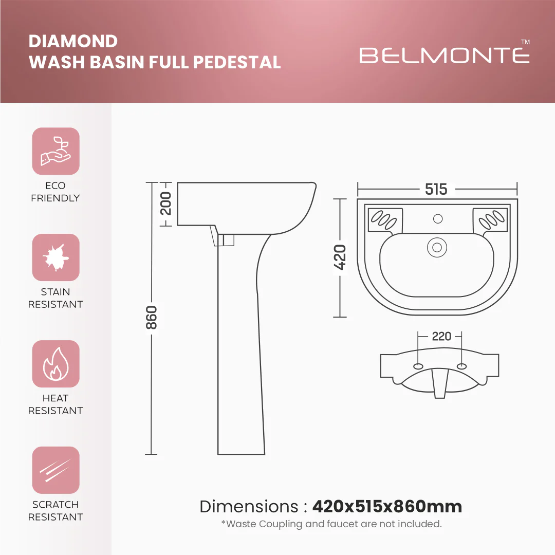 Ceramic Wash Basin Pedestal Set (Diamond) - Image 5