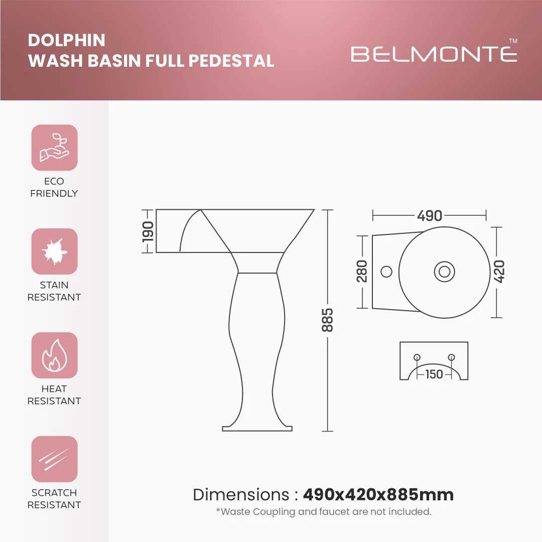 Ceramic Wash Basin Pedestal Set (Dolphin) - Image 6